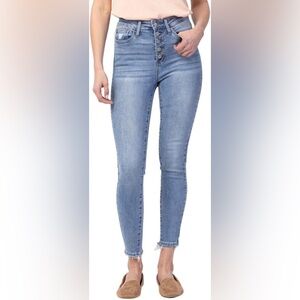 Judy Blue Light Wash High Waisted Button Fly Jeans w/ Frayed Hem Size 14W